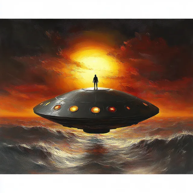 A silhouetted figure stands on a glowing UFO hovering above churning ocean waves under an orange sunset sky.