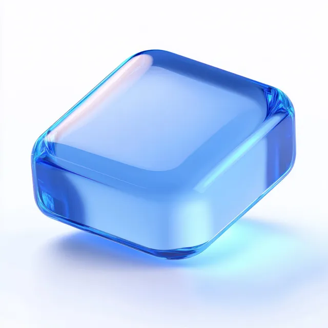 A translucent blue 3D glass square button with rounded corners floats above a light background with soft reflections and shadow.