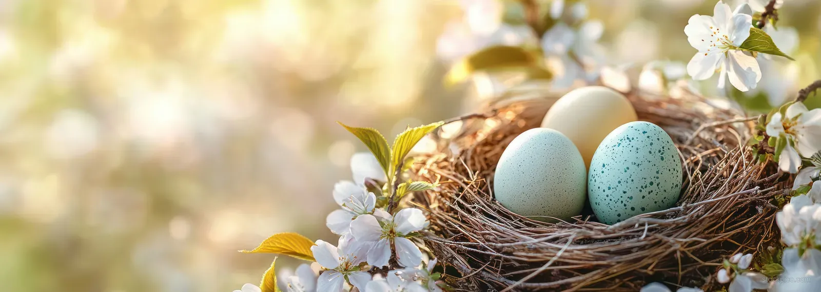 A bird nest with three speckled eggs surrounded by blooming white flowers in soft natural light.