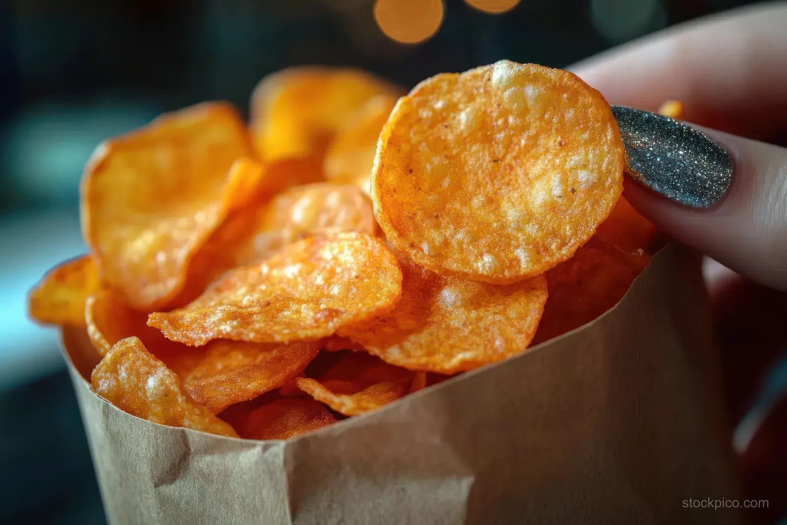 A close-up hand with glitter black nails lifts an orange potato chip from a brown paper bag of chips.