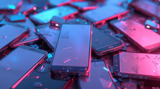 A dense stack of smartphones and scattered components illuminated by neon blue and magenta gradient lighting on a dark table.