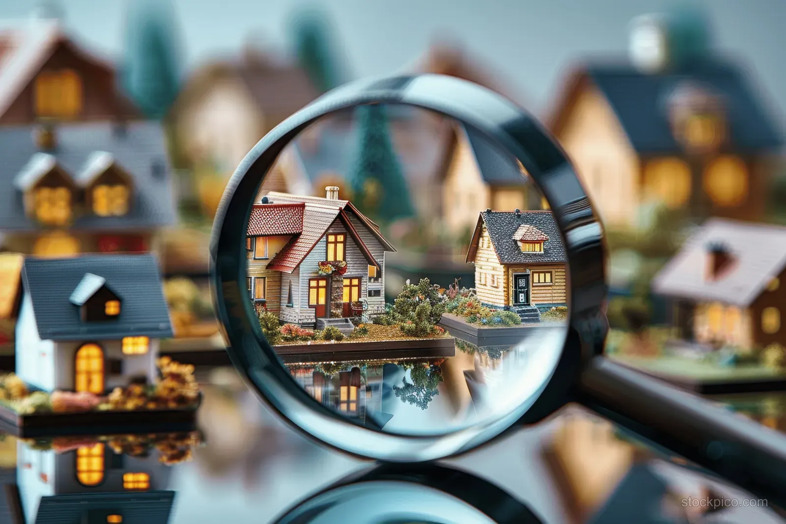 Magnifying glass focuses on miniature houses in a blurred neighborhood real estate scene.