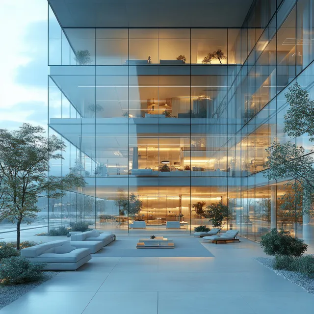 Overhead view into a minimalist glass office atrium with multi-level decks and warm desks under daylight.