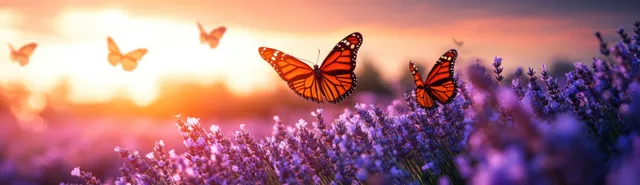 Orange butterflies flutter over purple lavender blooms with a warm sunset sky in the background.