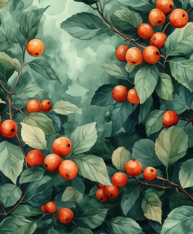 Winter botanical wreath with eucalyptus leaves and red berry clusters on a soft textured background.