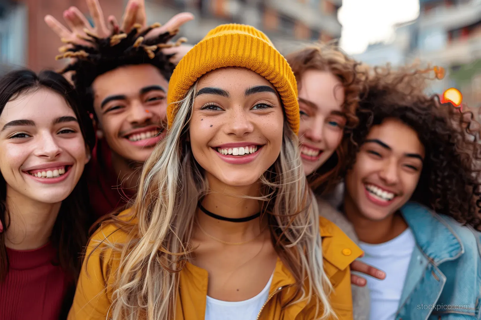 A smiling multiethnic group of friends poses for a street selfie outdoors on a sunny day.