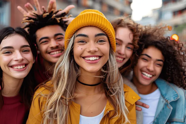 Multiethnic group of friends posing for a sunny street selfie, smiling together outdoors