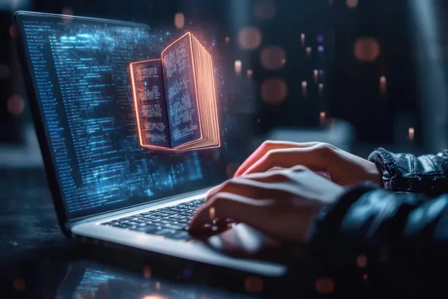 Hands typing on laptop with glowing ebook icons in cyberpunk neon library