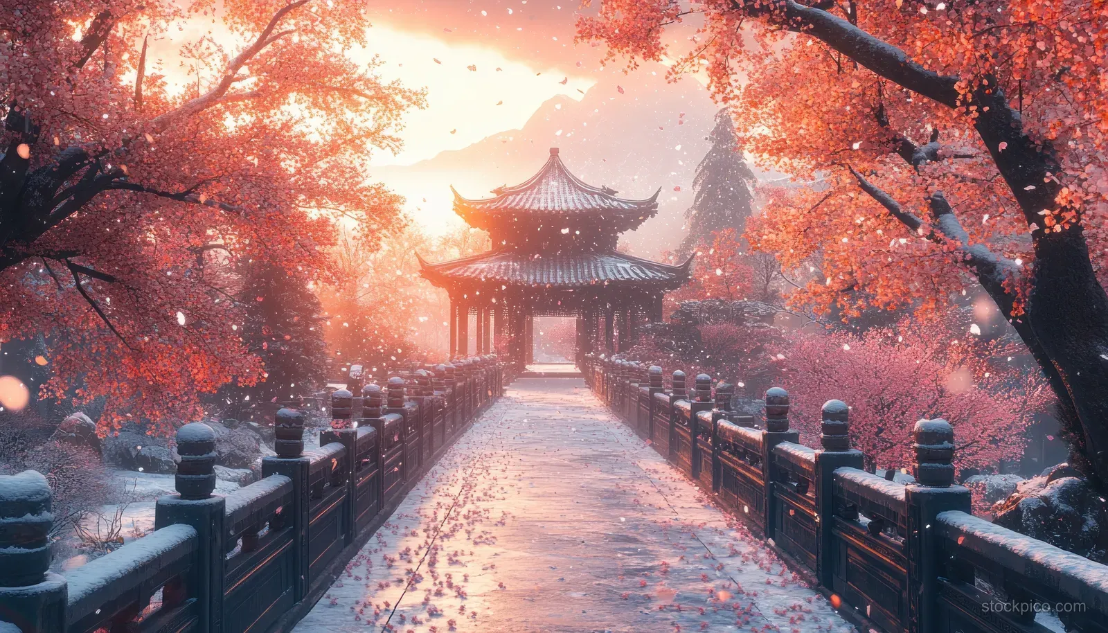 Snowy path between wooden railings leads to a pagoda as cherry blossoms and petals glow in winter light.