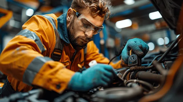 Mechanic measures a car battery with a digital meter while working in an auto workshop engine bay.