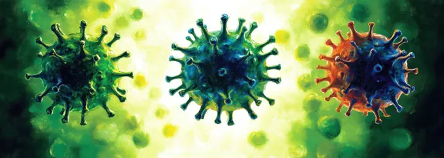 Impressionist virus particles floating in green sunlight, with vivid red and blue accents