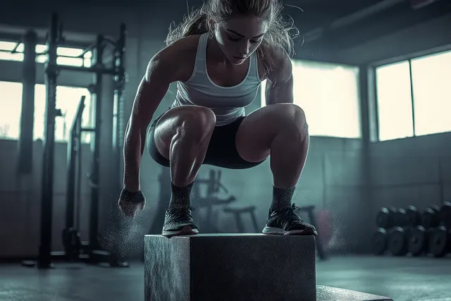 Focused woman box-jumping onto a plyometric box in a dim gym, intense motion blur