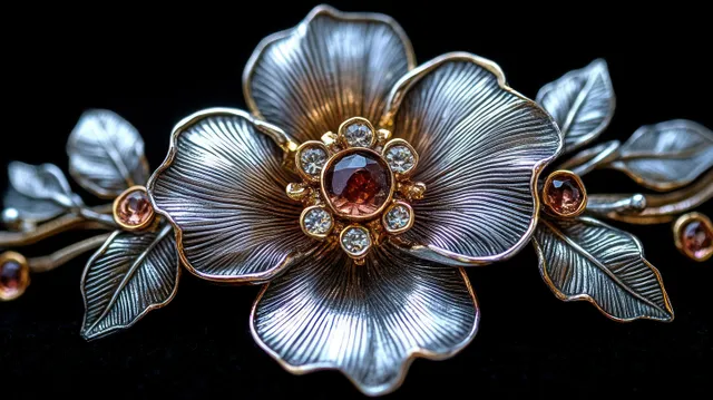 Intricate metallic flower brooch with clear and amber gemstones arranged on a black background.