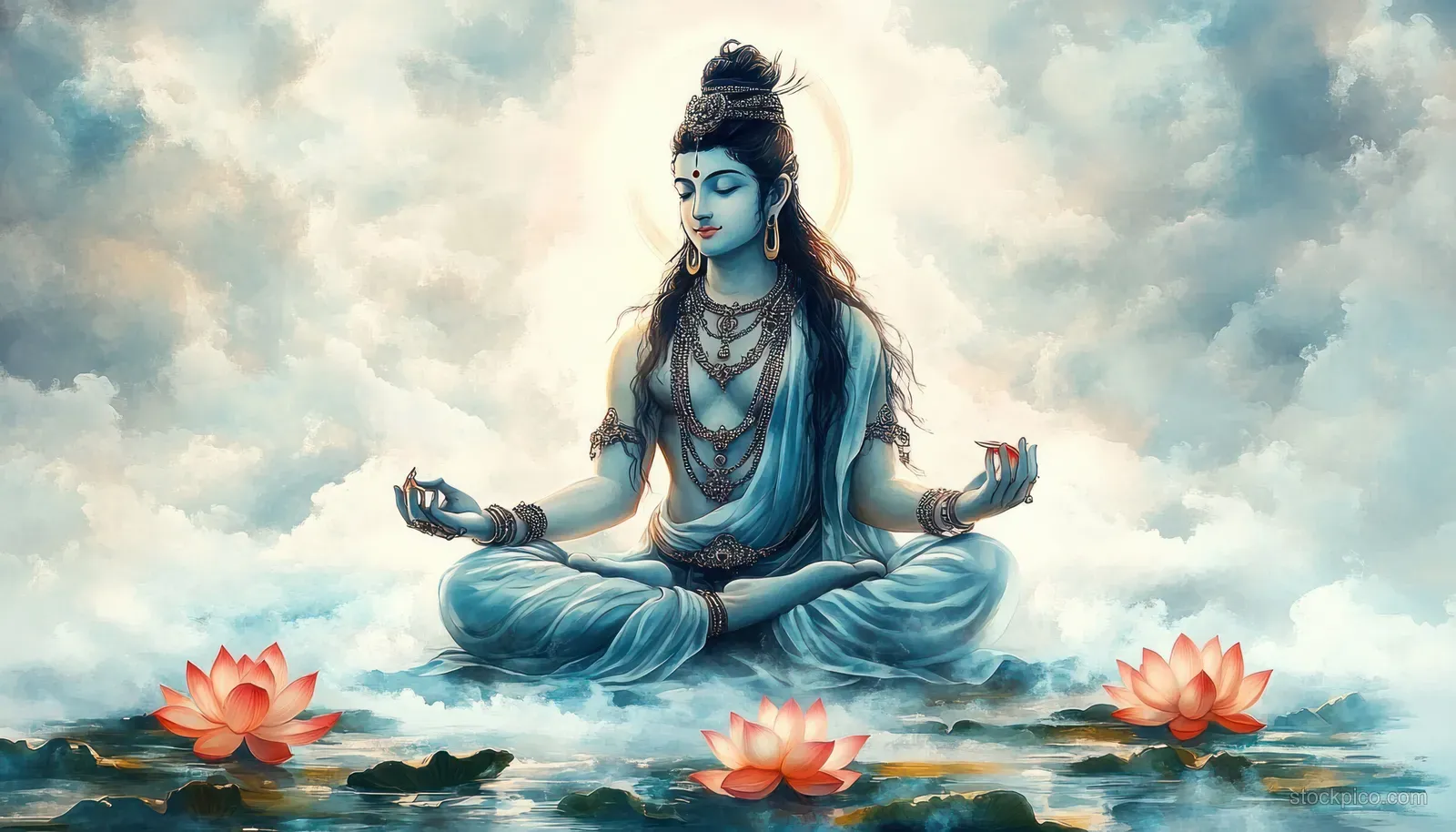 Shiva in blue lotus meditation sits on clouds with orange lotus flowers and soft watercolor clouds around.