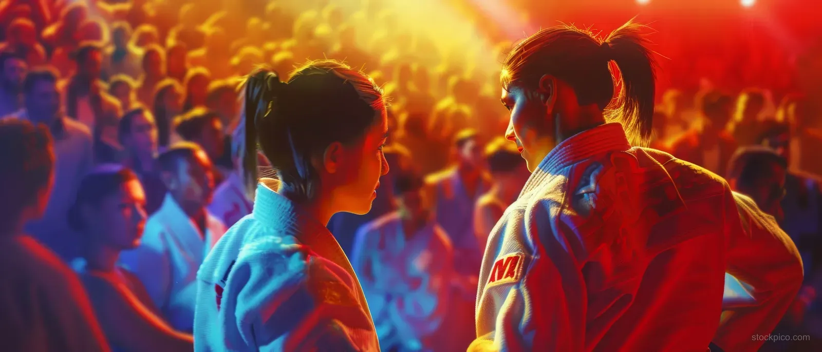 A Portuguese female judoka in a judogi executes a throw while a cheering crowd watches in a brightly lit arena.