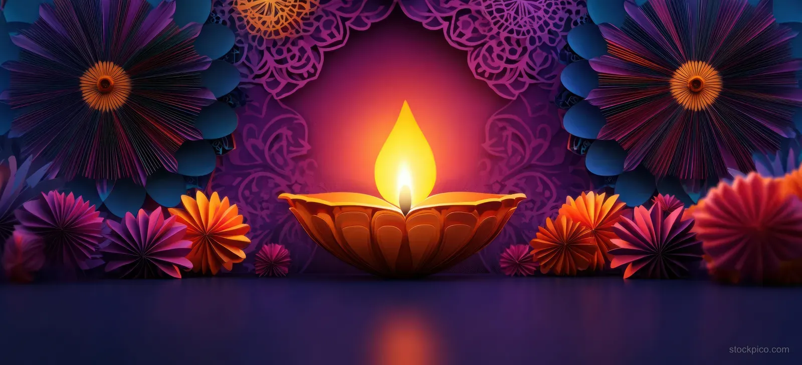 A glowing diya lamp in a purple paper-cut mandala frame surrounded by vibrant flower petals and fan-shaped decorations.