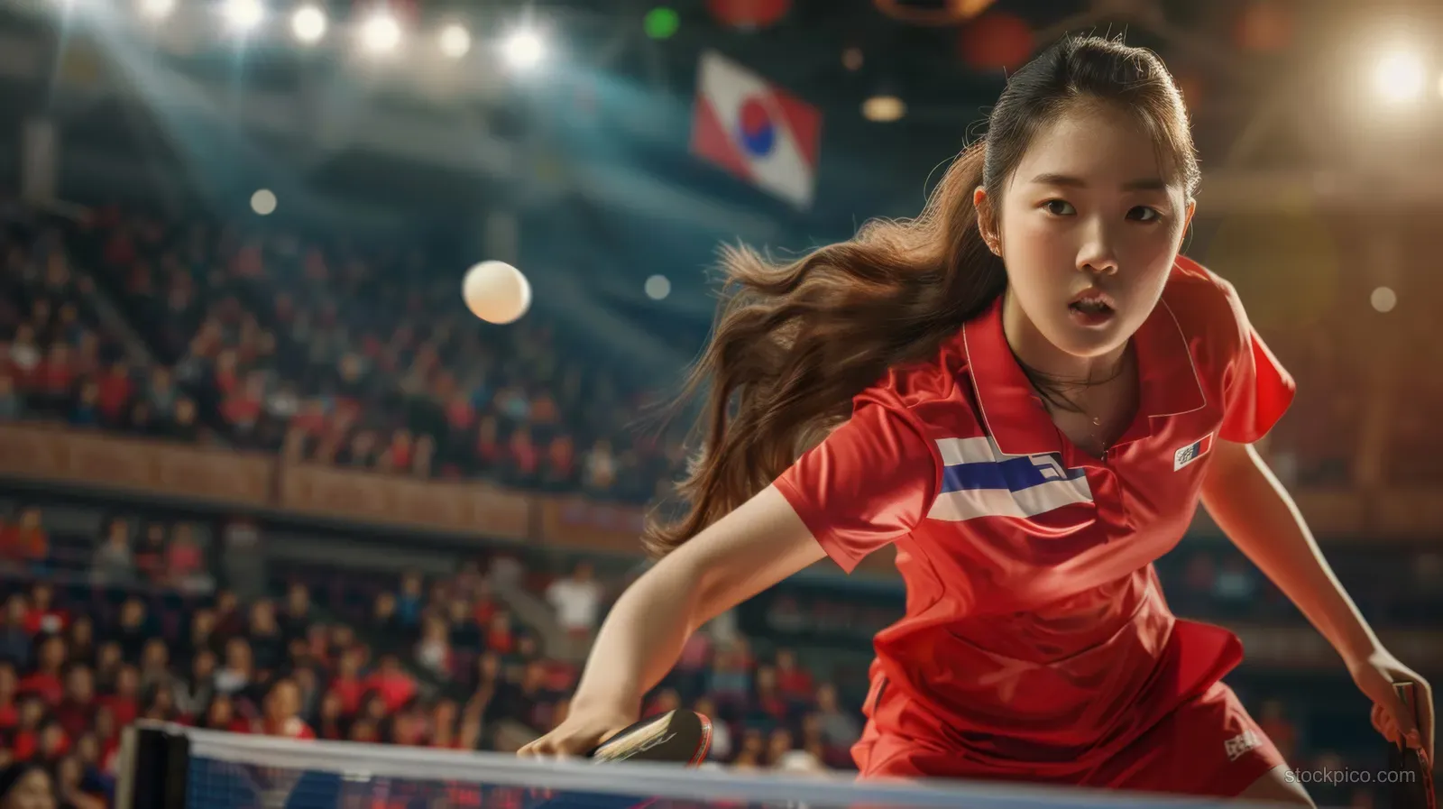 South Korean female table tennis player in red serves during a rally in a crowded stadium lit by arena lights.