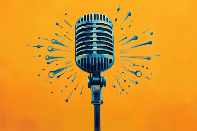 A retro microphone is centered on an orange background with blue radial lines suggesting sound projection and energetic performance.