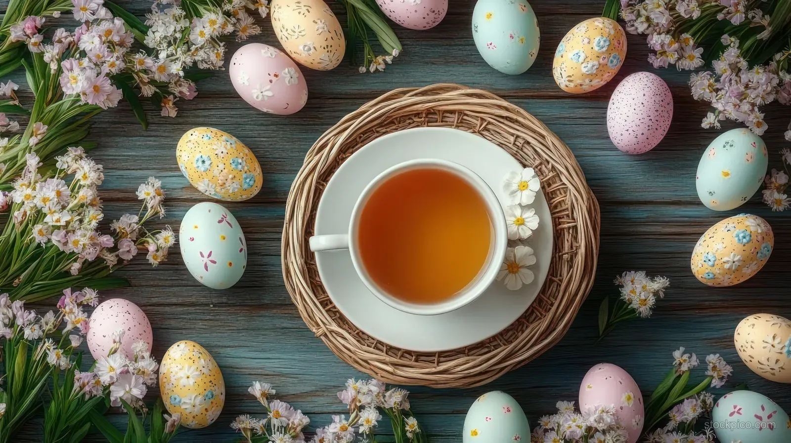 Top view of a tea cup on a woven placemat surrounded by pastel Easter eggs and spring flowers on rustic wood.