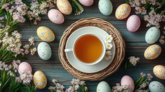 Top view of a tea cup on a woven placemat surrounded by pastel Easter eggs and spring flowers on rustic wood.