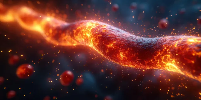3D human artery cross-section showing glowing cholesterol plaque blocking blood flow
