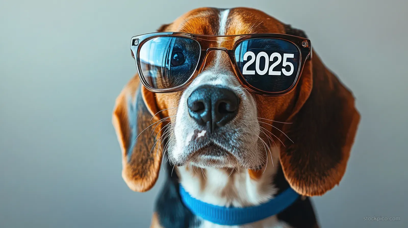 A beagle dog wearing reflective sunglasses with 2025 displayed and a blue collar against a plain background.