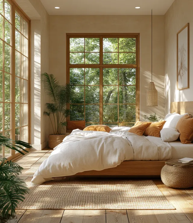Sunlit minimalist bedroom with a neatly made bed, pillows, warm wooden floor, and leafy garden view through large windows.