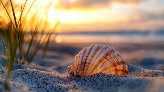 Close-up seashell resting on sandy beach at sunset with golden rim light
