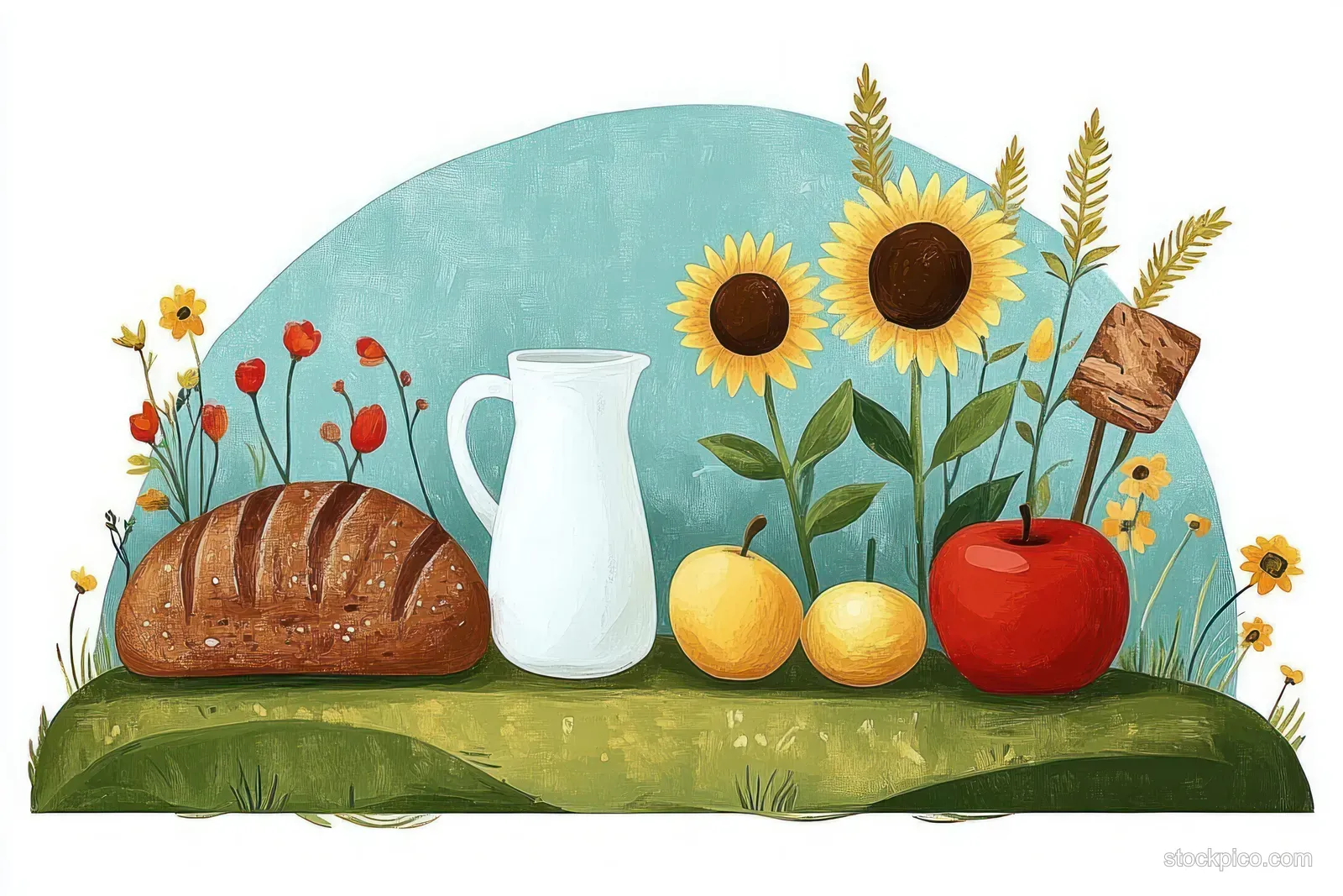 Still life illustration of bread, a milk jug, apples, and sunflowers on a grassy strip over a blue background.
