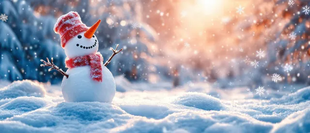A playful snowman performs a headstand in a snowy forest, surrounded by falling snowflakes and warm sunlight.