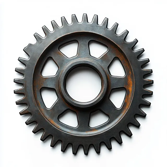 Rusted metal gear with circular openings and sharp teeth isolated on white background