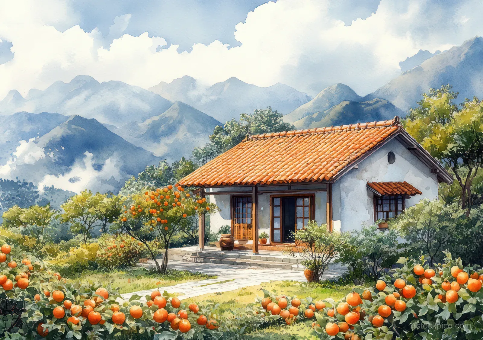 Traditional white cottage with red tiled roof sits beside a persimmon orchard under cloudy mountains in soft light.