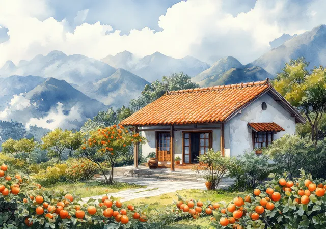 Traditional white cottage with red tiled roof sits beside a persimmon orchard under cloudy mountains in soft light.