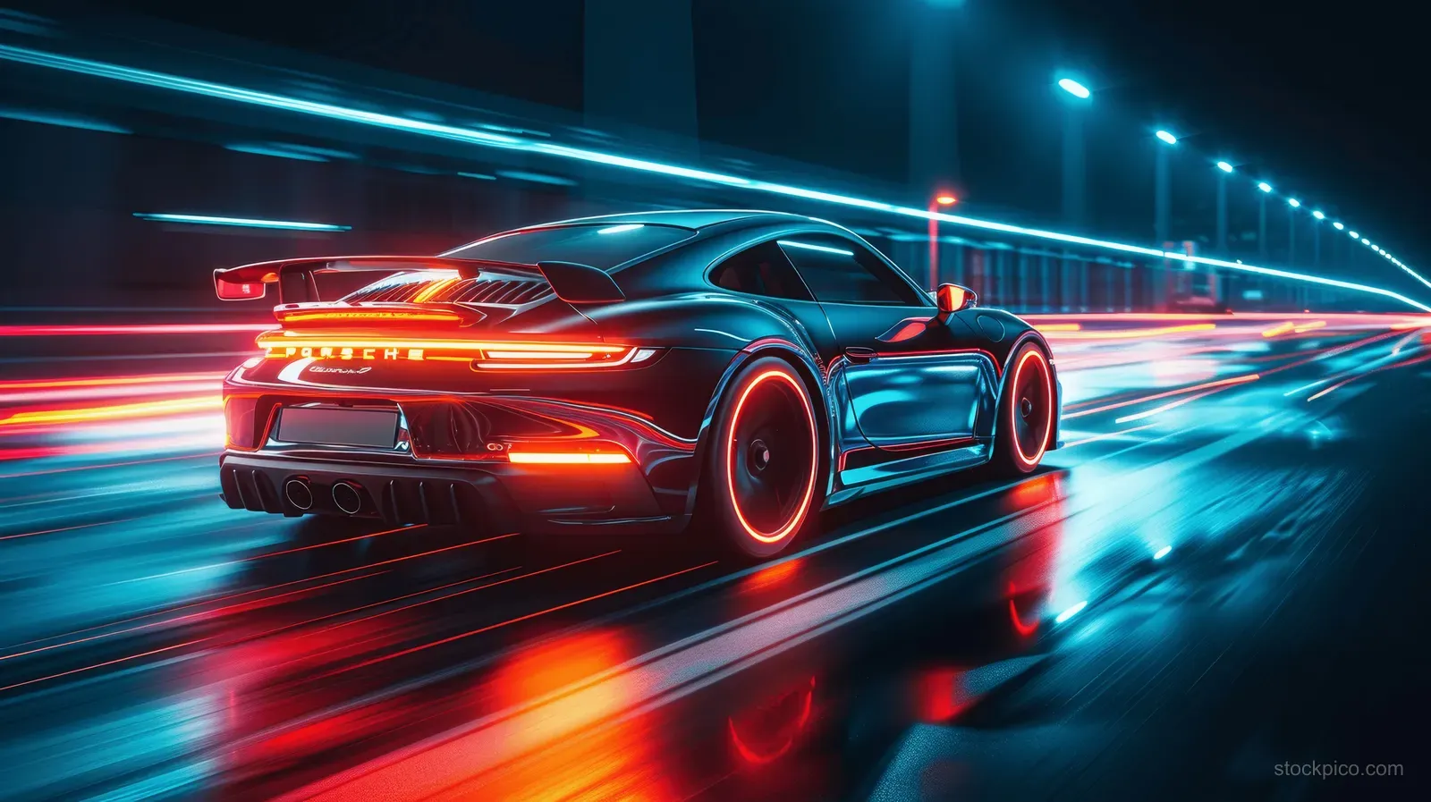 Futuristic supercars race on a neon highway at night with motion blur and glowing light streaks.
