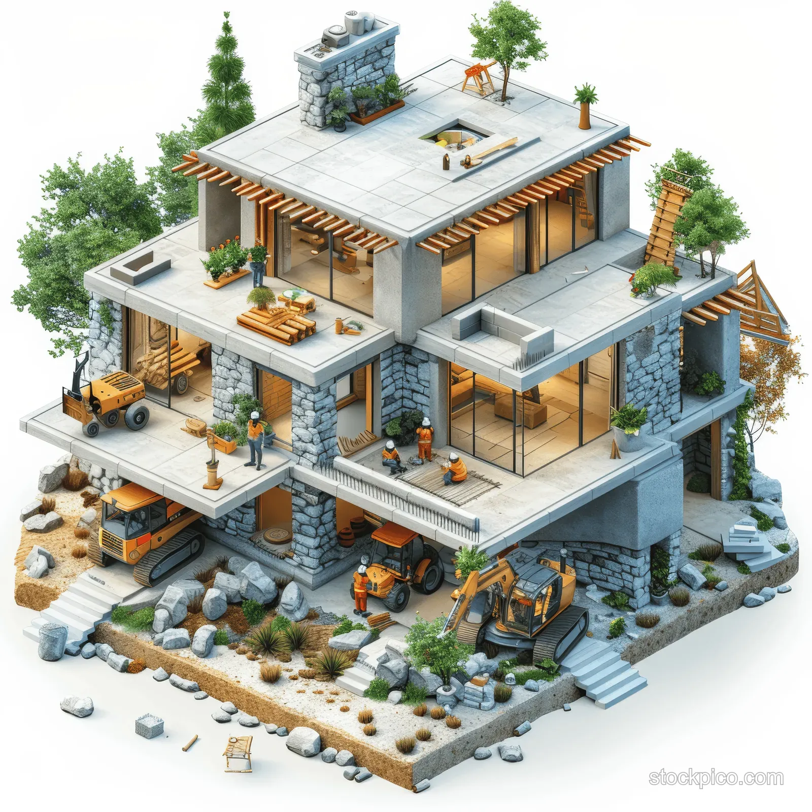 Isometric illustration of a construction site featuring workers, a bulldozer, an excavator, and a multi-level house structure.