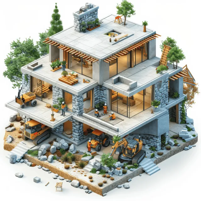 Isometric illustration of a construction site featuring workers, a bulldozer, an excavator, and a multi-level house structure.