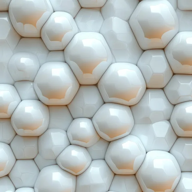 Interconnected shiny white hexagonal and rounded tiles create a glossy reflective 3D pattern surface in close-up.