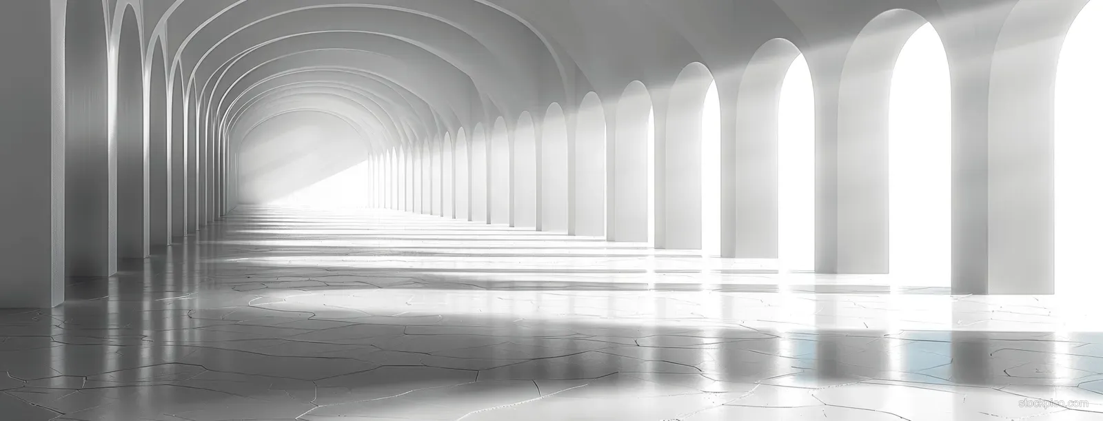 Futuristic white corridor interior with arched lights streaming through and blurred edges for a sleek backdrop.