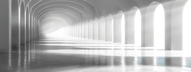 Futuristic white corridor interior with arched lights streaming through and blurred edges for a sleek backdrop.