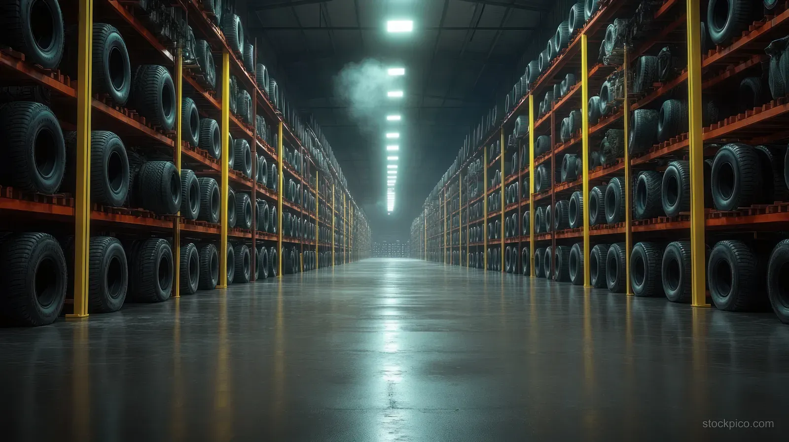 Long warehouse corridor with stacked black tires on orange shelves under bright ceiling lights and misty atmosphere.