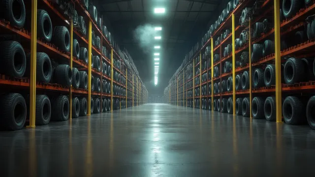 Long warehouse corridor with stacked black tires on orange shelves under bright ceiling lights and misty atmosphere.