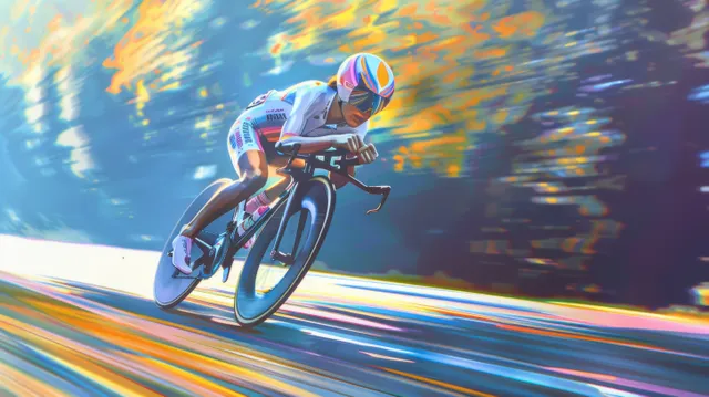 A female road cyclist speeds along a scenic road, leaning forward with vivid motion blur behind her bike.