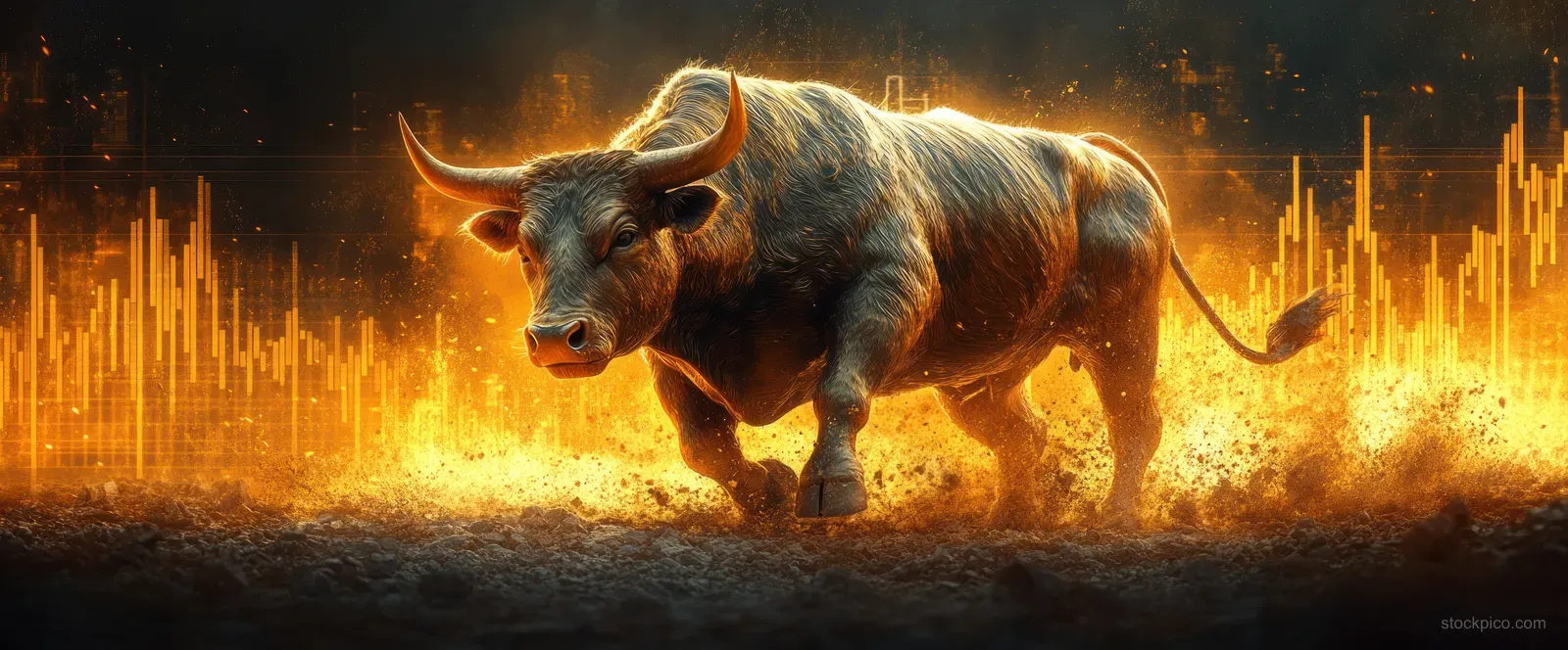 Golden bull charging through glowing candlestick chart bars with fiery trading energy in the background.