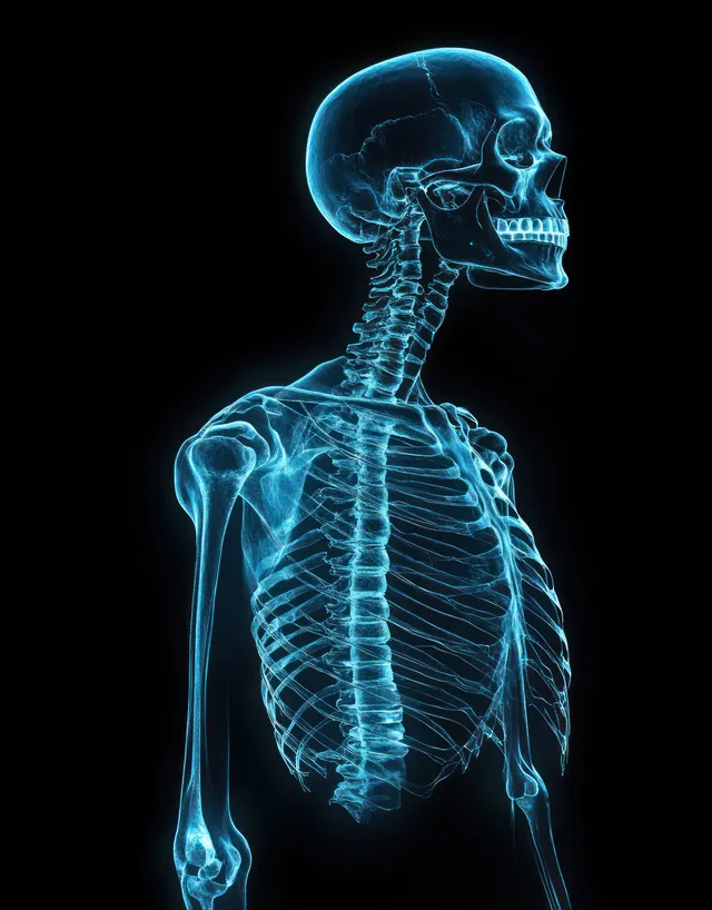Glowing blue 3D X-ray skeleton full body with skull, ribs, and vertebrae on a dark background.