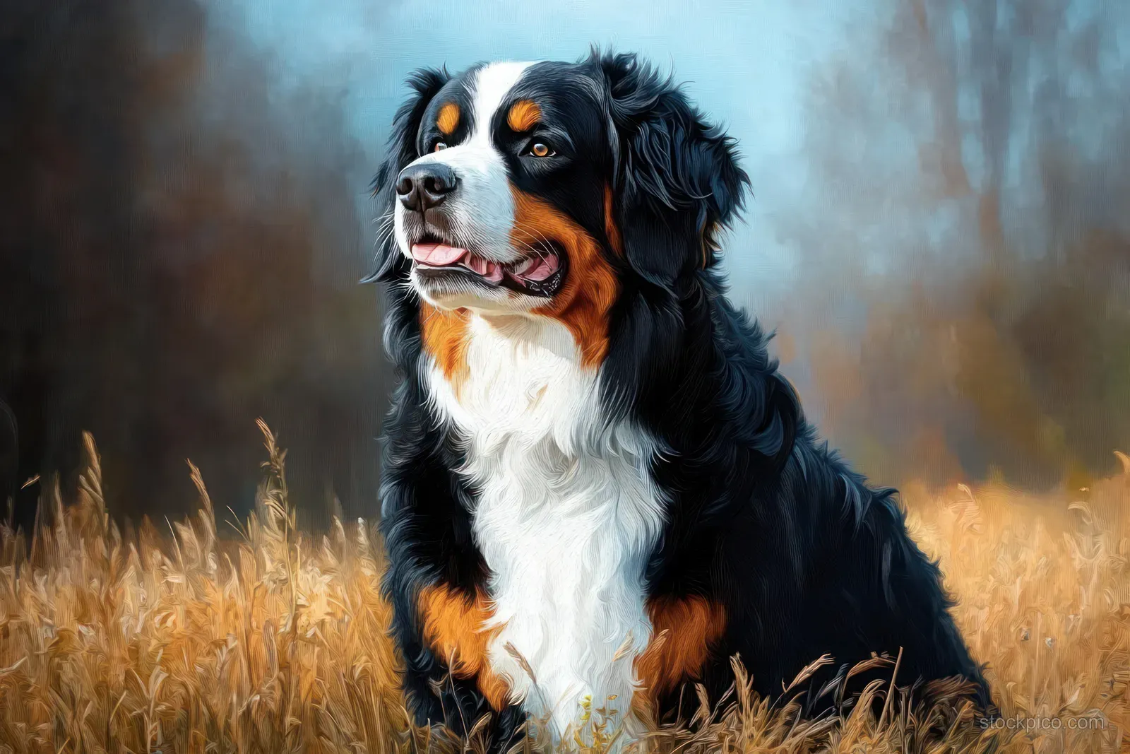 A tricolor Bernese mountain dog sits in tall golden grass, staring into the distance with a calm expression.
