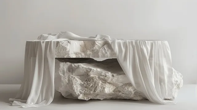 White stone plinth partially draped with fabric on a clean table under soft light.