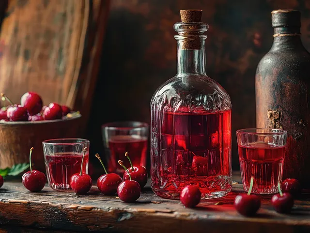 A clear glass bottle and small glasses of deep red cherry drink on rustic wood beside fresh cherries.