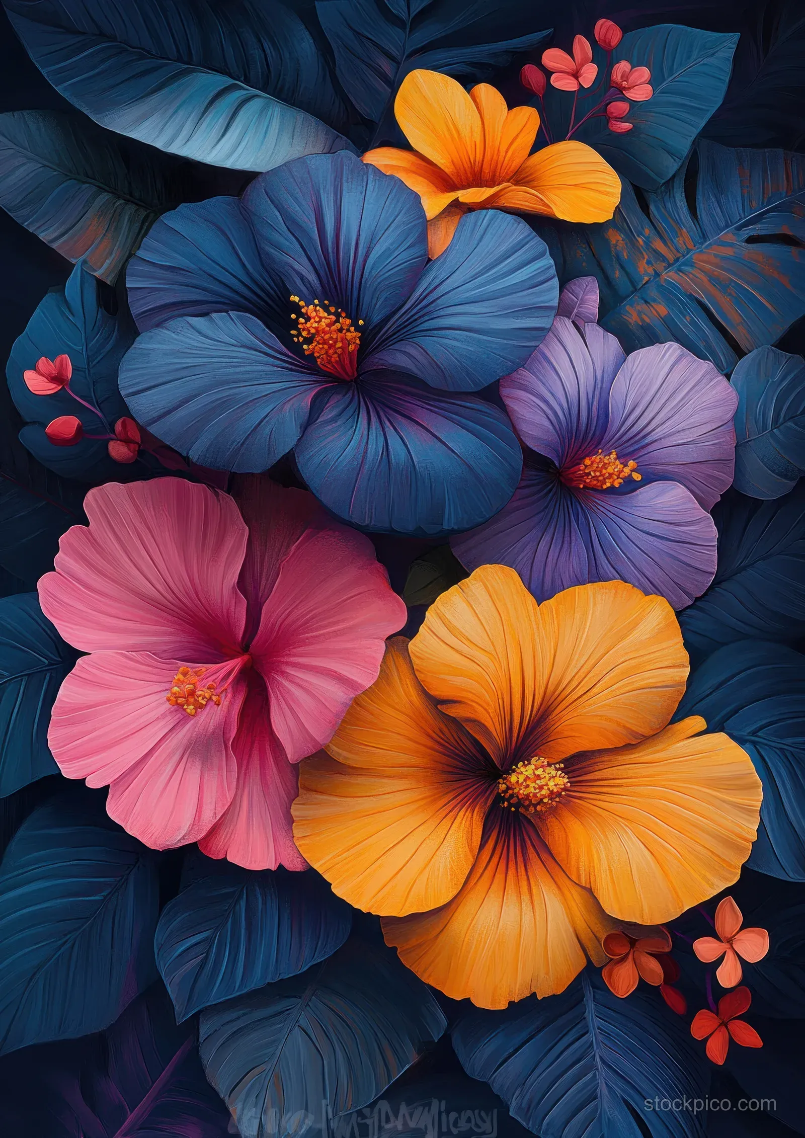 Layered hibiscus petals in orange and pink rest on a deep blue textured collage background.