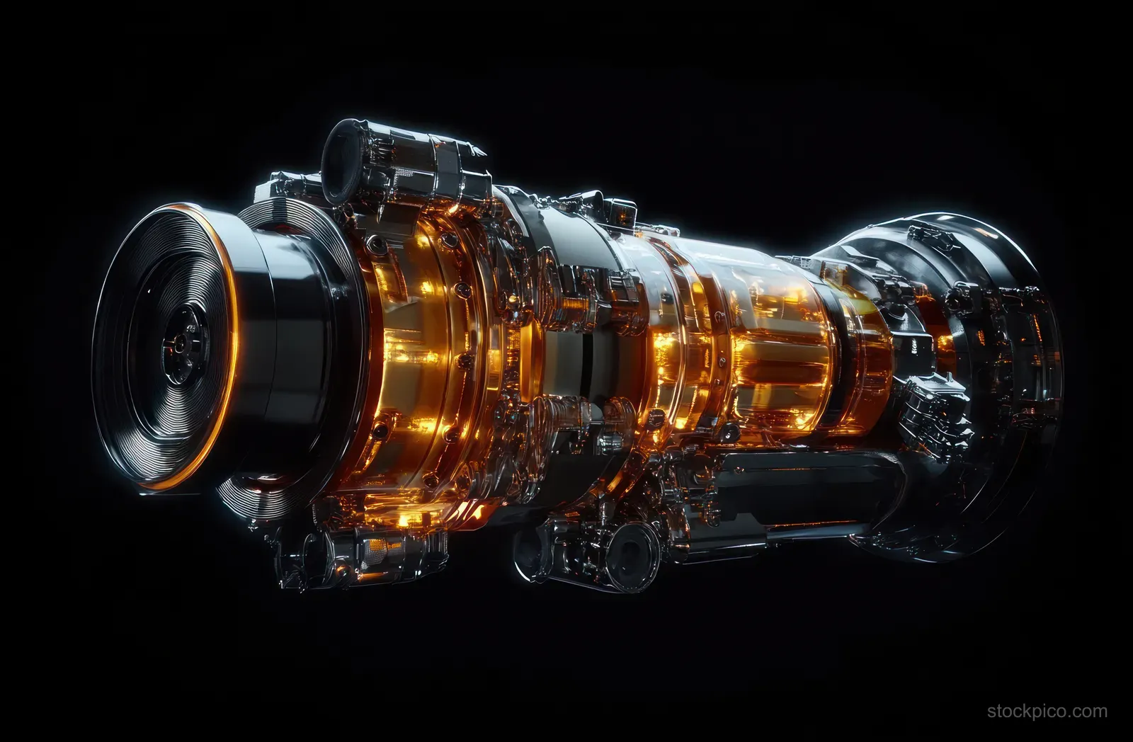 Spotlit diesel engine assembly with glowing cylinders, pistons, crankshaft, and gears against a dark background.