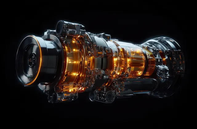 Hyper-realistic diesel engine assembly under spotlight, showing glowing metal cylinders and gears